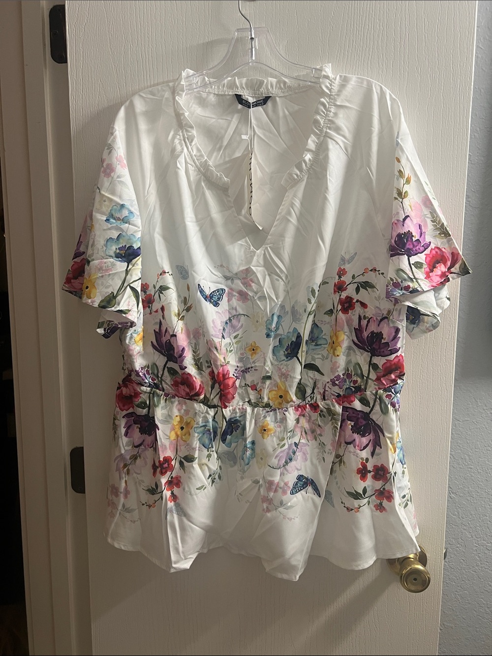 BloomChic White Floral V-Neck Ruffle-Trim Blouse